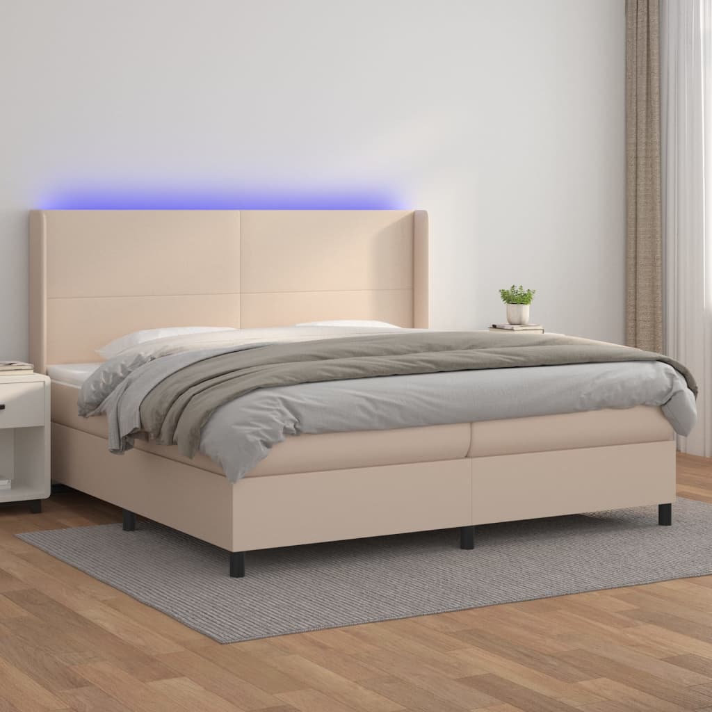 Boxspring met matras en LED kunstleer cappuccinokleur 200x200cm – afbeelding 1