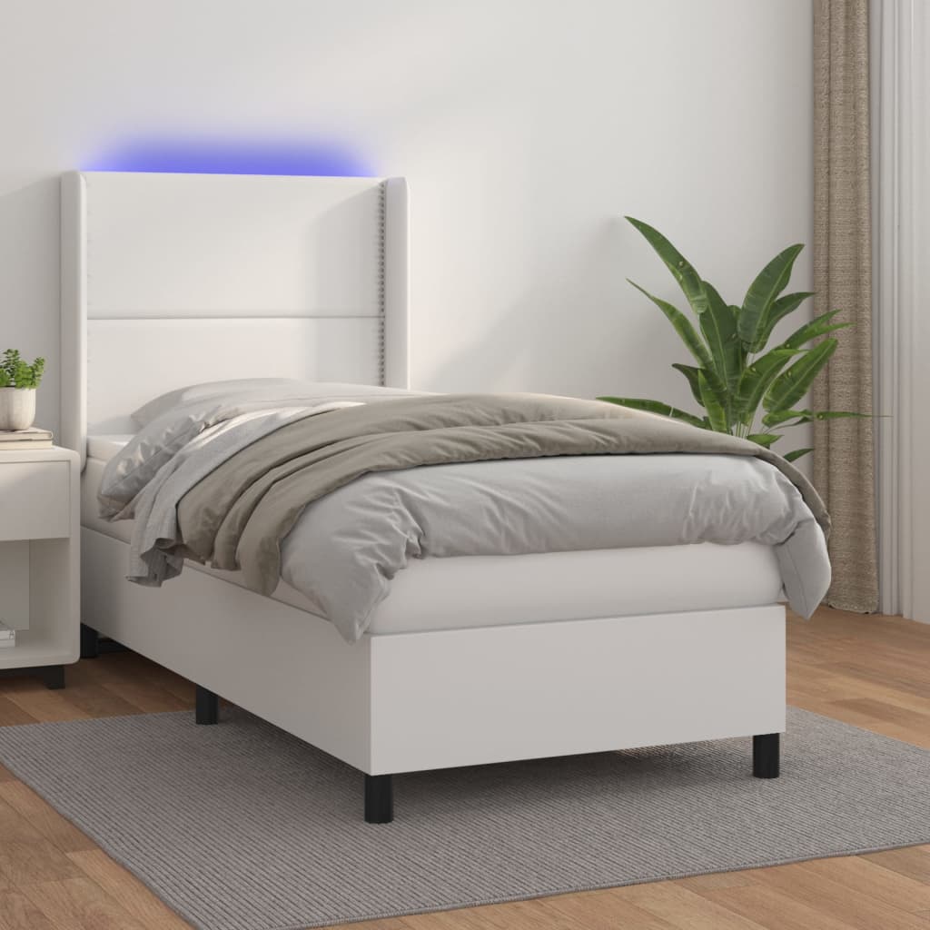 Boxspring met matras en LED kunstleer wit 100x200 cm – afbeelding 1