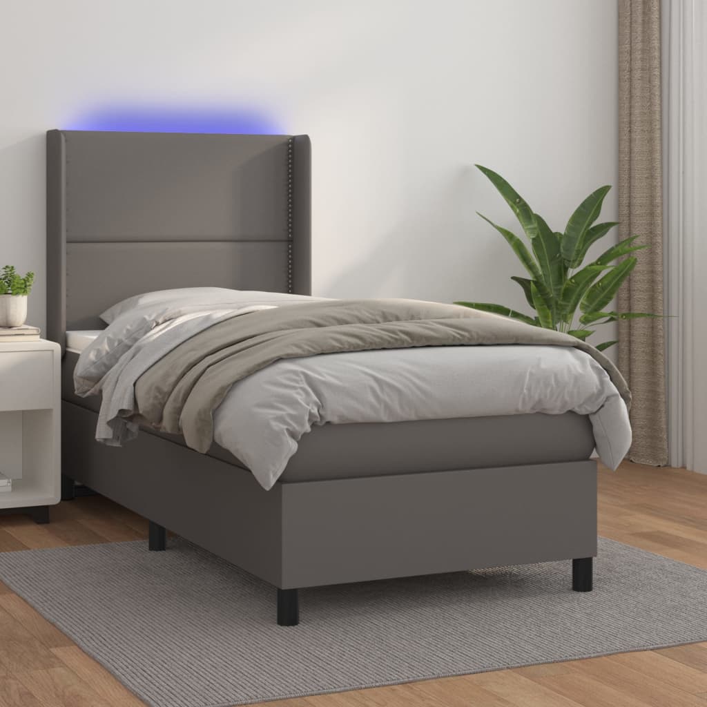 Boxspring met matras en LED kunstleer grijs 100x200 cm – afbeelding 1
