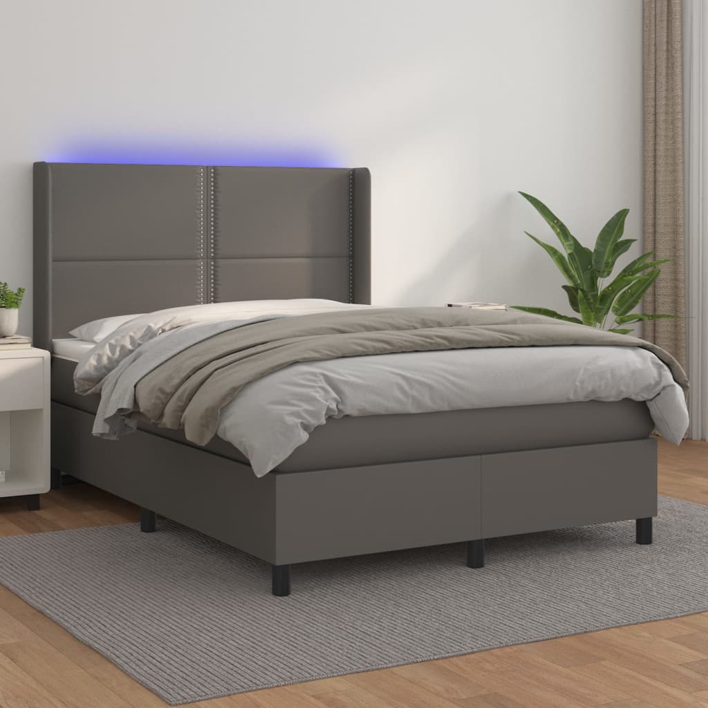 Boxspring met matras en LED kunstleer grijs 140x190 cm – afbeelding 1