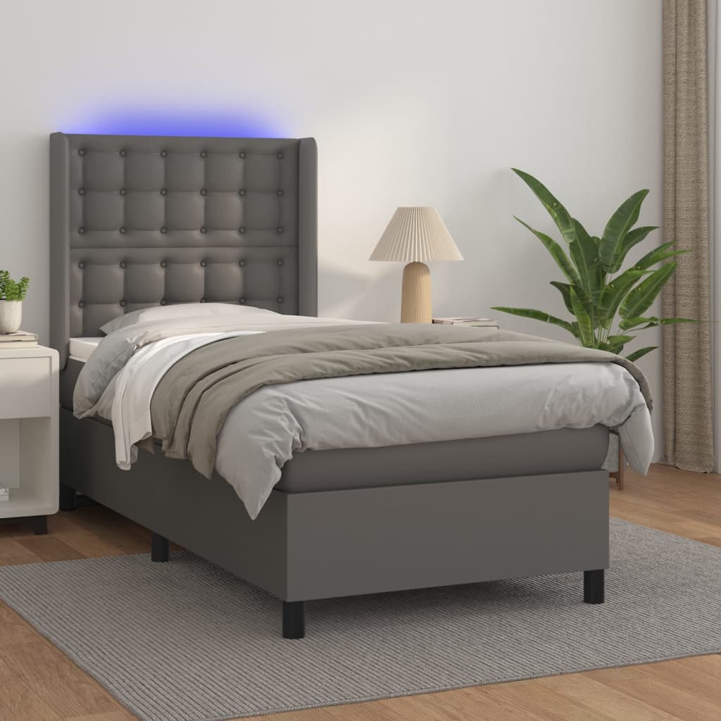 Boxspring met matras en LED kunstleer grijs 80x200 cm – afbeelding 1
