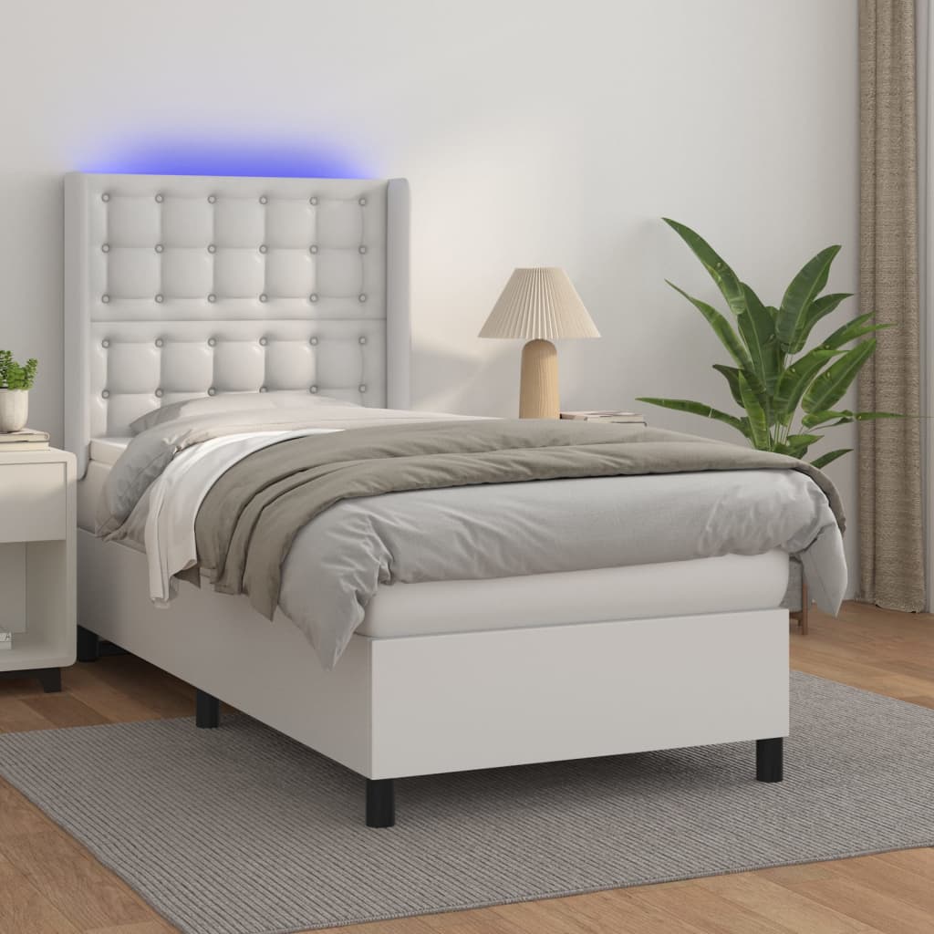 Boxspring met matras en LED kunstleer wit 90x190 cm – afbeelding 1