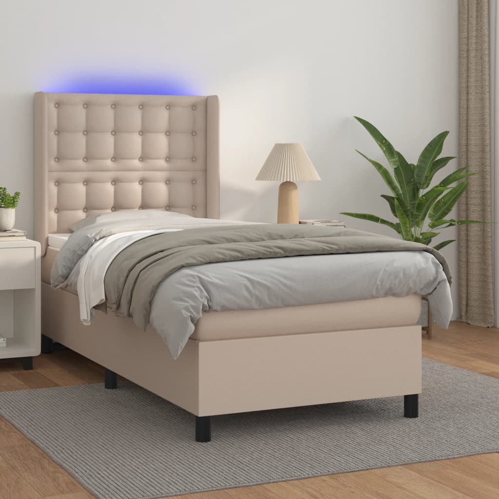 Boxspring met matras en LED kunstleer cappuccinokleur 90x190 cm – afbeelding 1