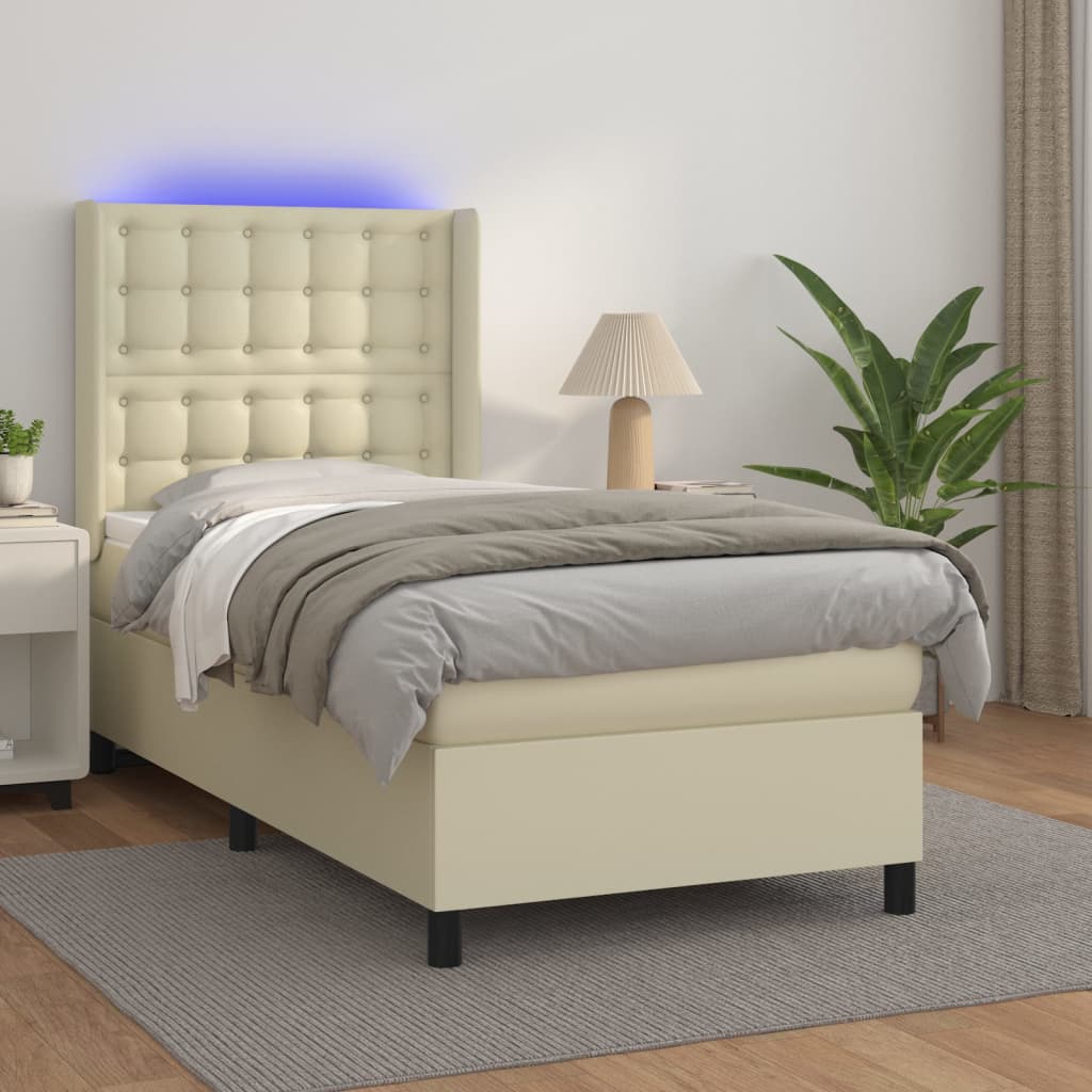 Boxspring met matras en LED kunstleer crèmekleurig 90x200 cm – afbeelding 1