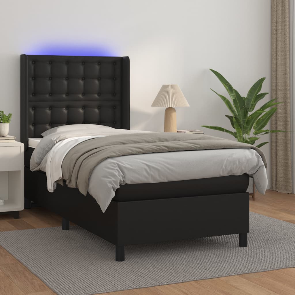 Boxspring met matras en LED kunstleer zwart 100x200 cm – afbeelding 1