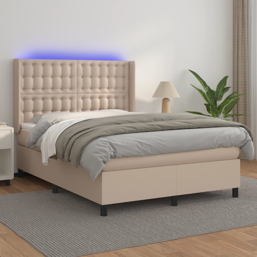 Boxspring met matras en LED kunstleer cappuccinokleur 140x190cm – afbeelding 1