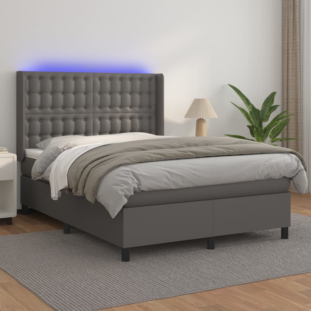 Boxspring met matras en LED kunstleer grijs 140x200 cm – afbeelding 1