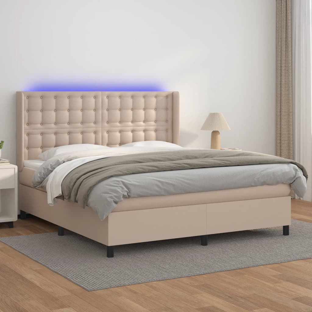Boxspring met matras en LED kunstleer cappuccinokleur 160x200cm – afbeelding 1