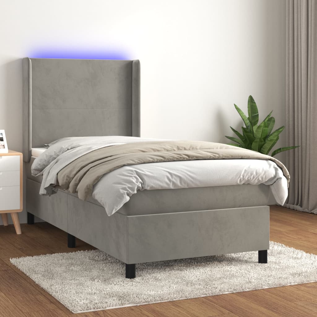 Boxspring met matras en LED fluweel lichtgrijs 90x190 cm – afbeelding 1