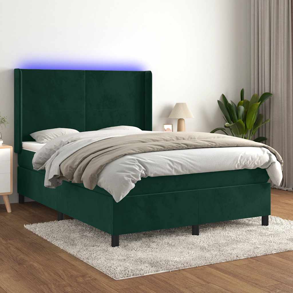 Boxspring met matras en LED fluweel donkergroen 140x200 cm – afbeelding 1