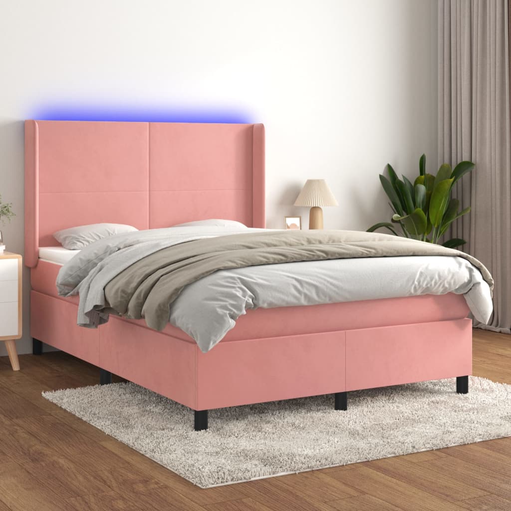 Boxspring met matras en LED fluweel roze 140x200 cm – afbeelding 1