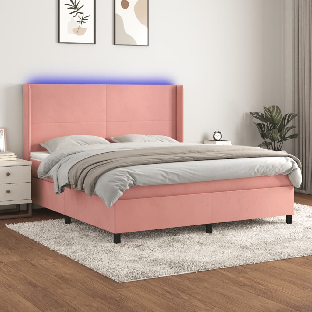 Boxspring met matras en LED fluweel roze 160x200 cm – afbeelding 1