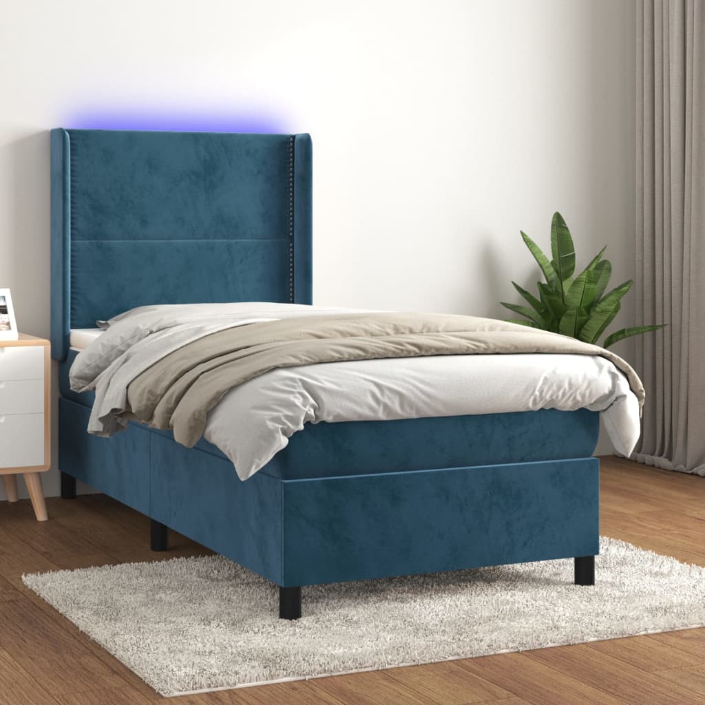 Boxspring met matras en LED fluweel donkerblauw 80x200 cm – afbeelding 1