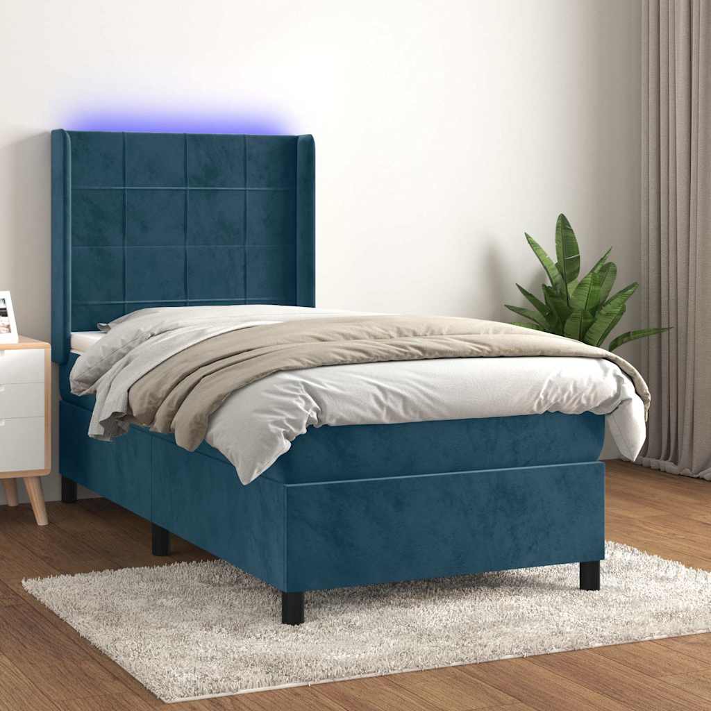 Boxspring met matras en LED fluweel donkerblauw 90x190 cm – afbeelding 1