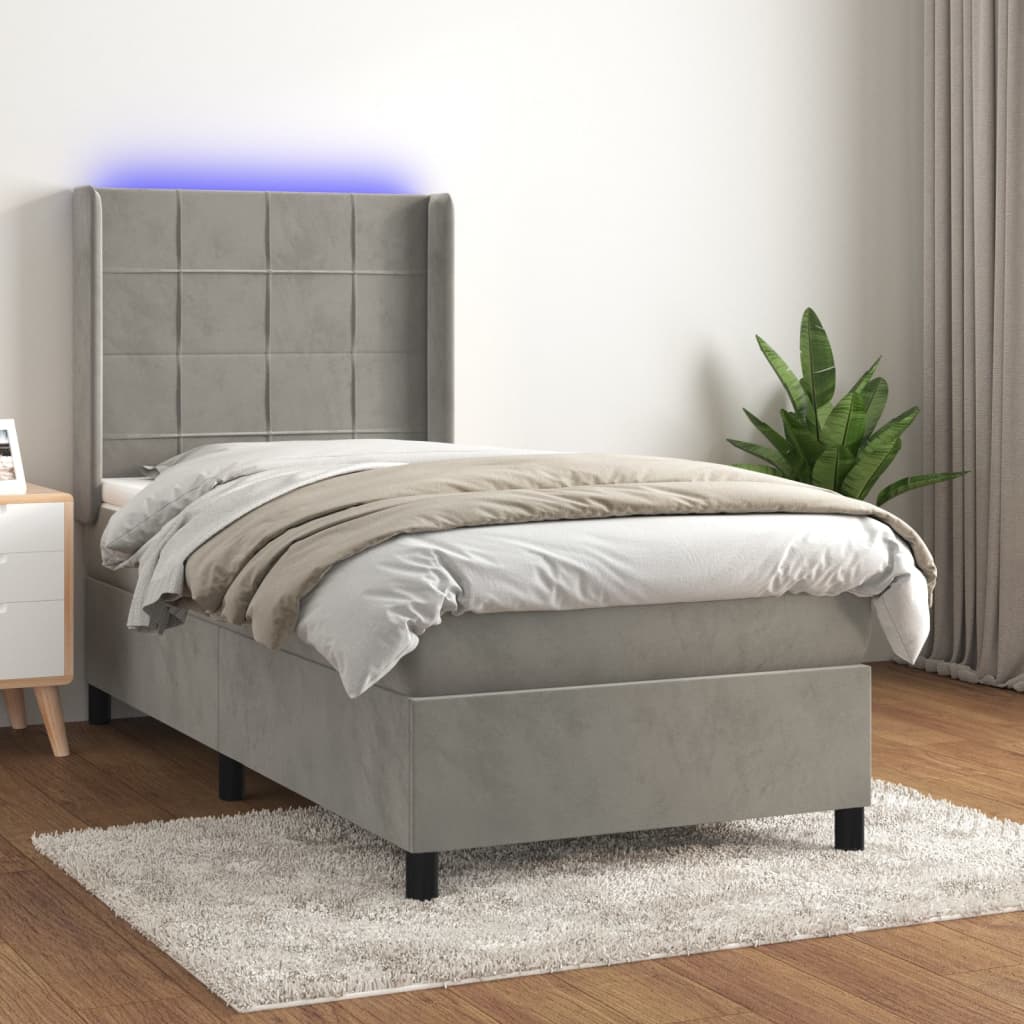 Boxspring met matras en LED fluweel lichtgrijs 90x200 cm – afbeelding 1