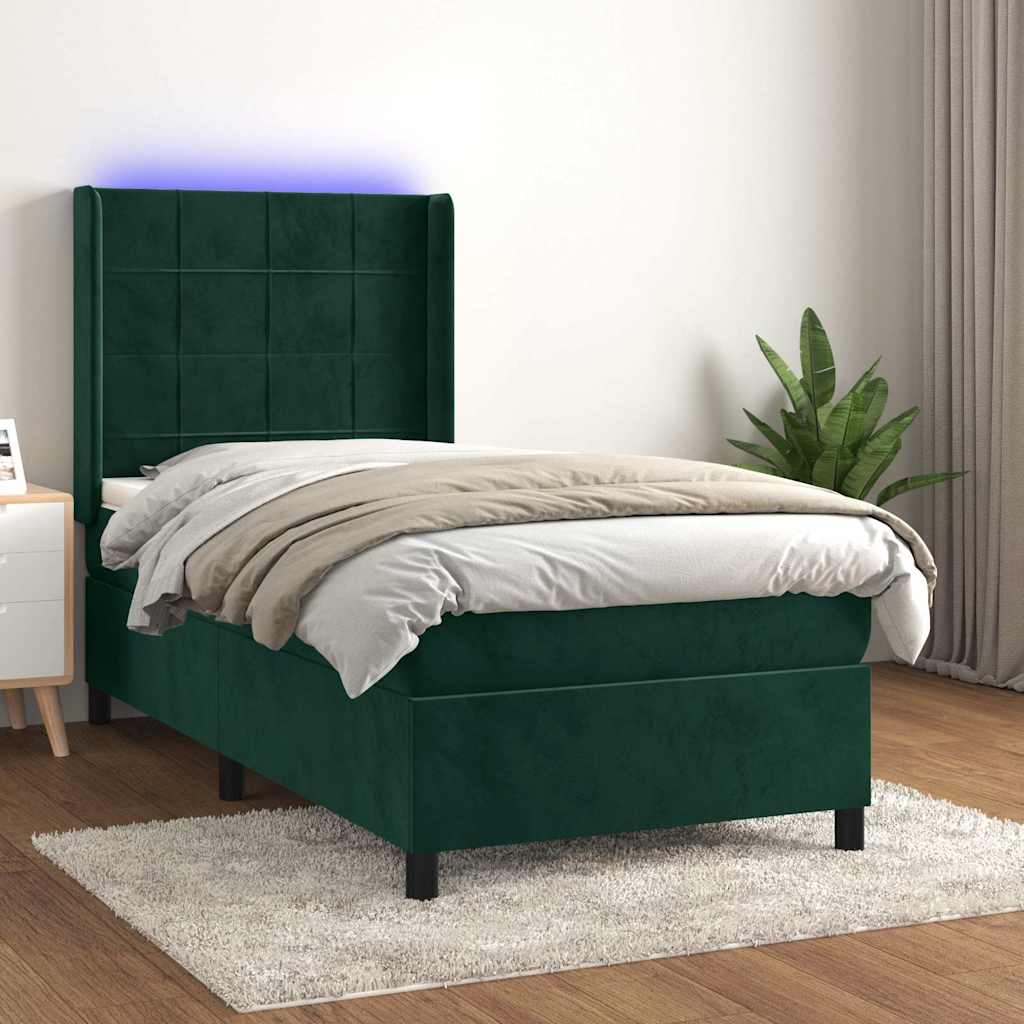 Boxspring met matras en LED fluweel donkergroen 90x200 cm – afbeelding 1