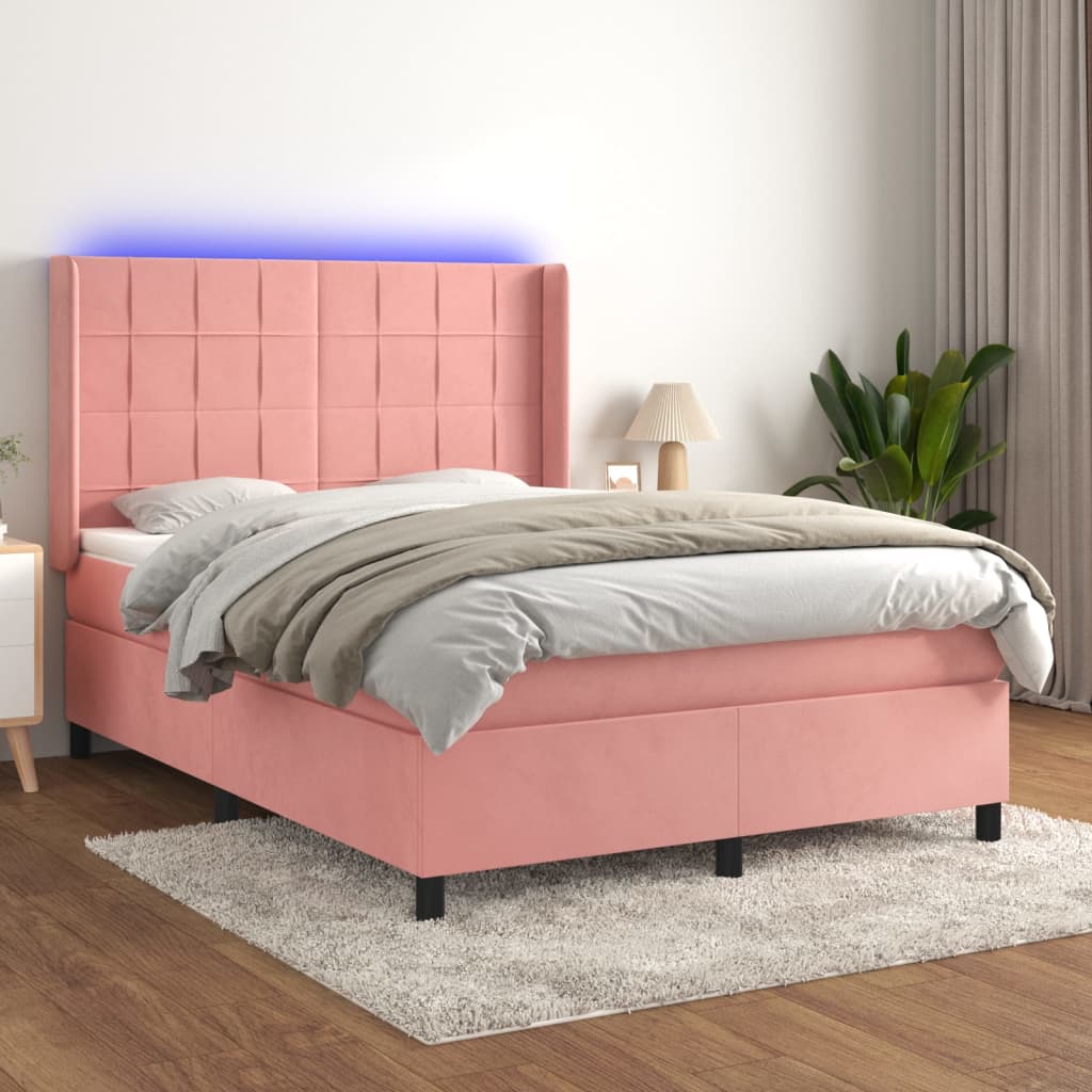 Boxspring met matras en LED fluweel roze 140x190 cm – afbeelding 1