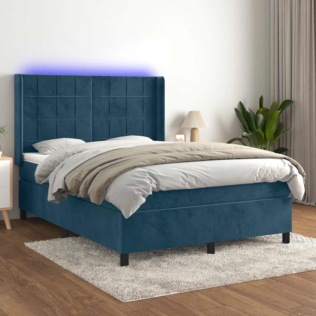 Boxspring met matras en LED fluweel donkerblauw 140x200 cm – afbeelding 1
