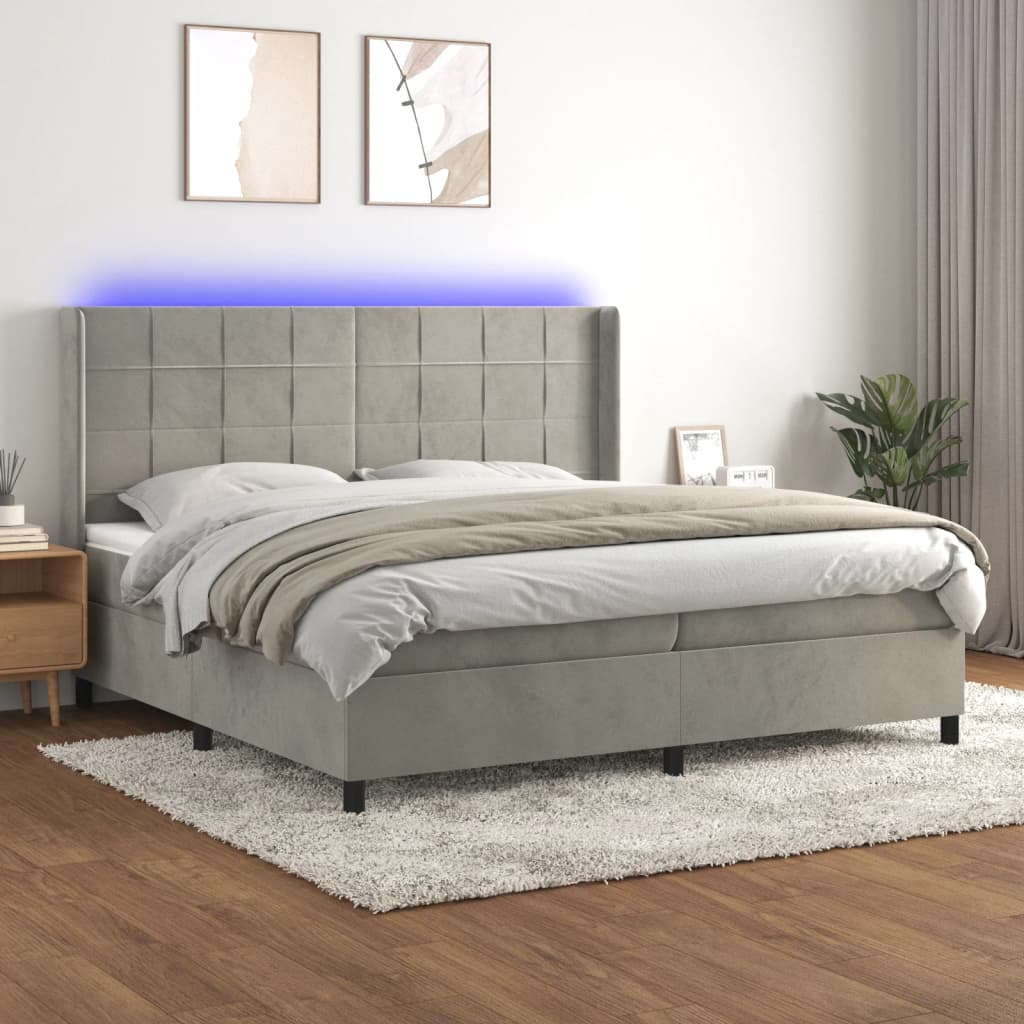 Boxspring met matras en LED fluweel lichtgrijs 200x200 cm – afbeelding 1