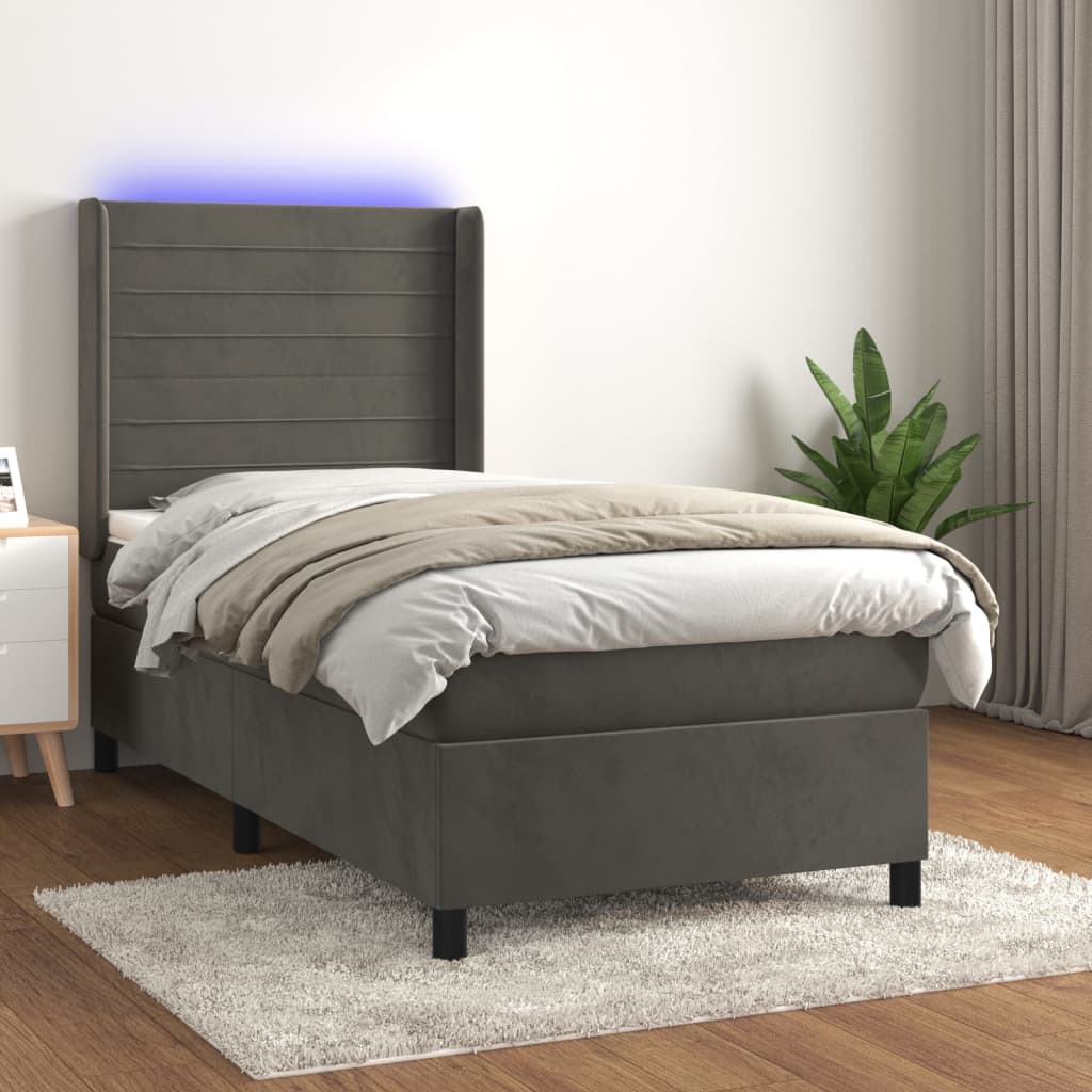 Boxspring met matras en LED fluweel donkergrijs 90x190 cm – afbeelding 1