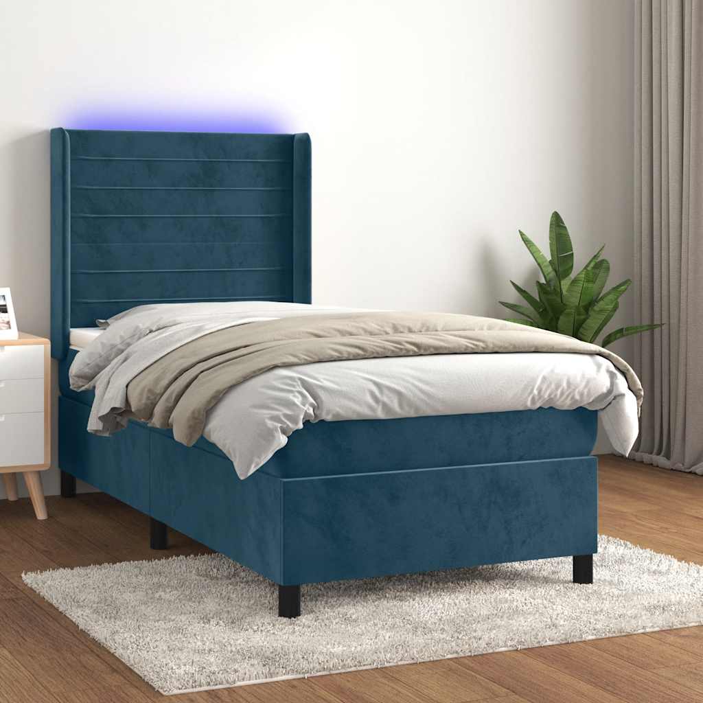 Boxspring met matras en LED fluweel donkerblauw 90x190 cm – afbeelding 1