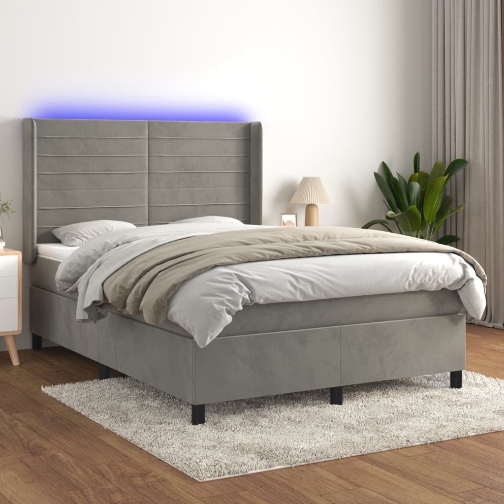 Boxspring met matras en LED fluweel lichtgrijs 140x200 cm – afbeelding 1