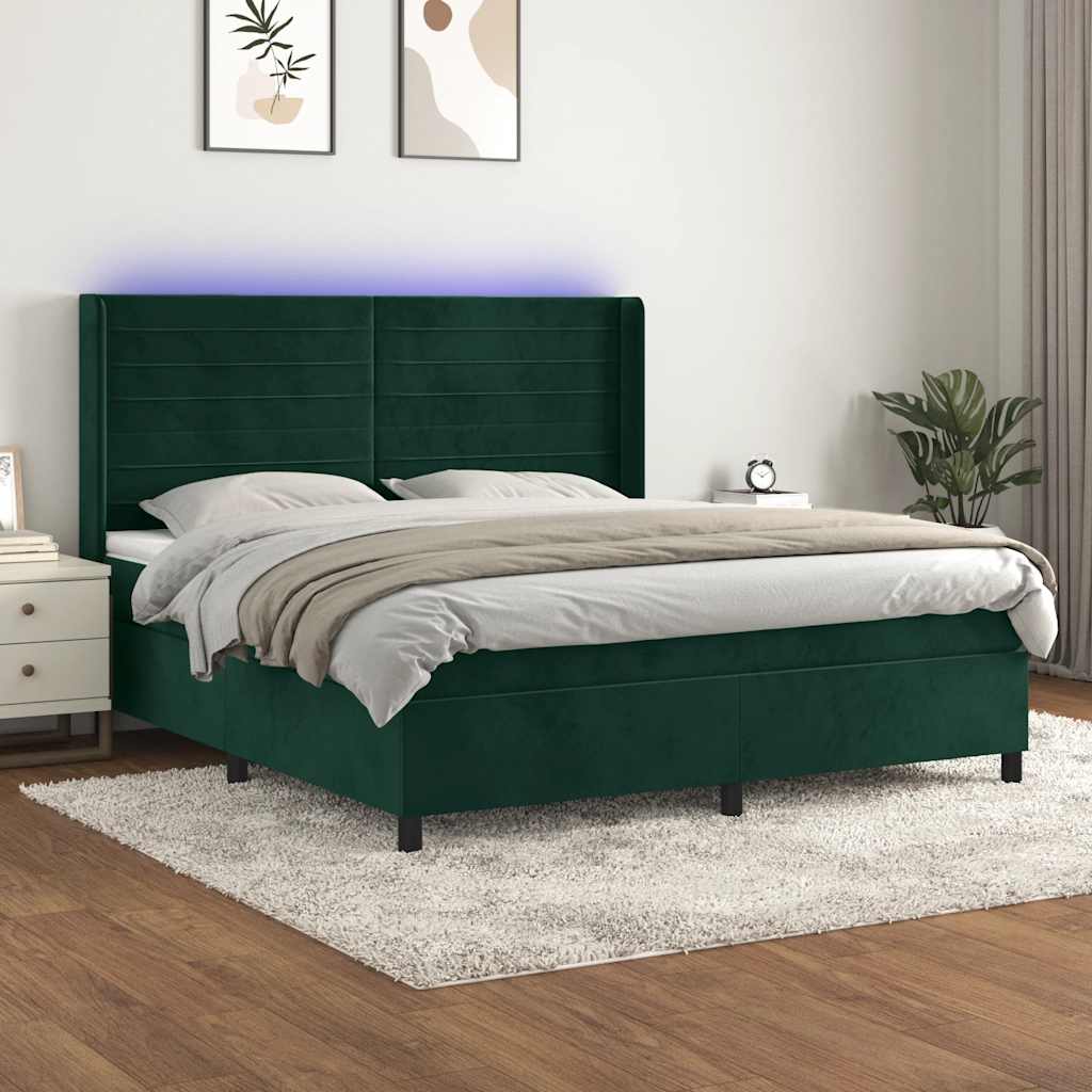 Boxspring met matras en LED fluweel donkergroen 160x200 cm – afbeelding 1