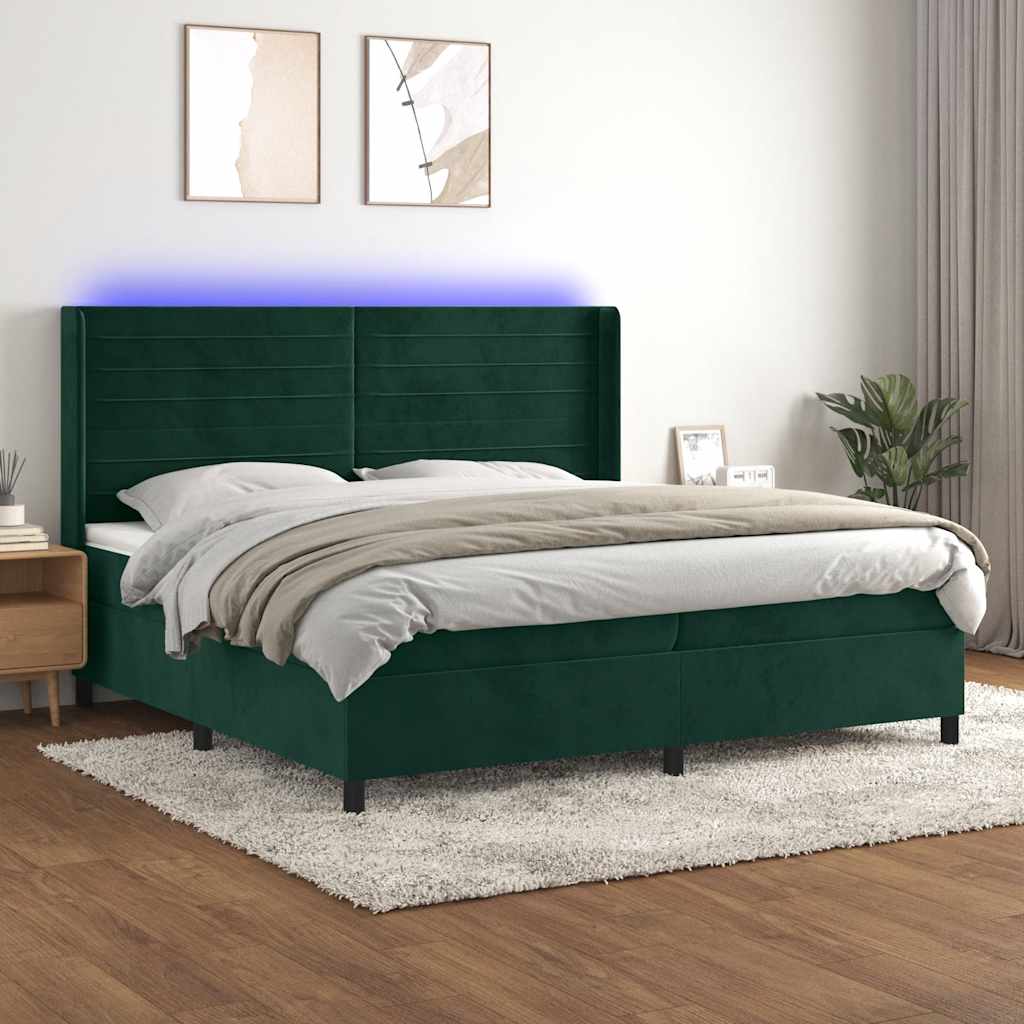 Boxspring met matras en LED fluweel donkergroen 200x200 cm – afbeelding 1