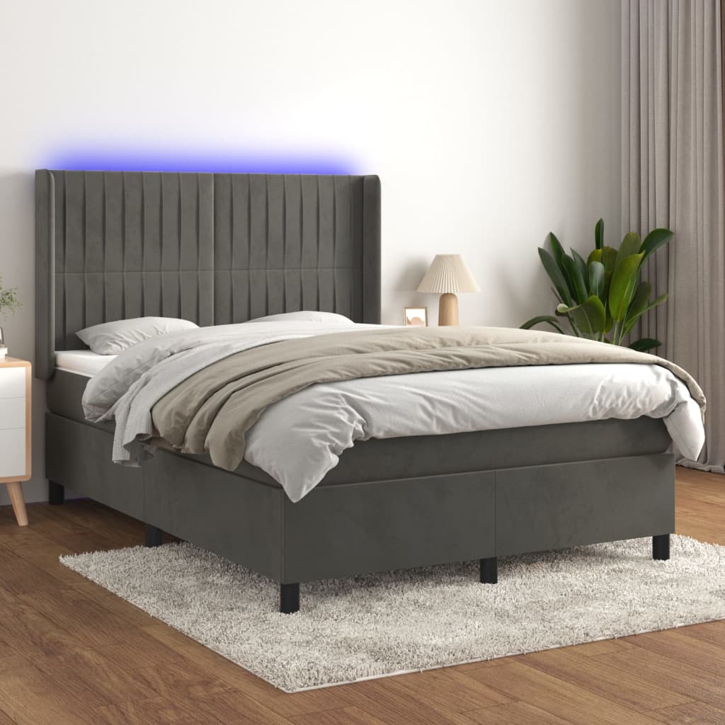 Boxspring met matras en LED fluweel donkergrijs 140x190 cm – afbeelding 1