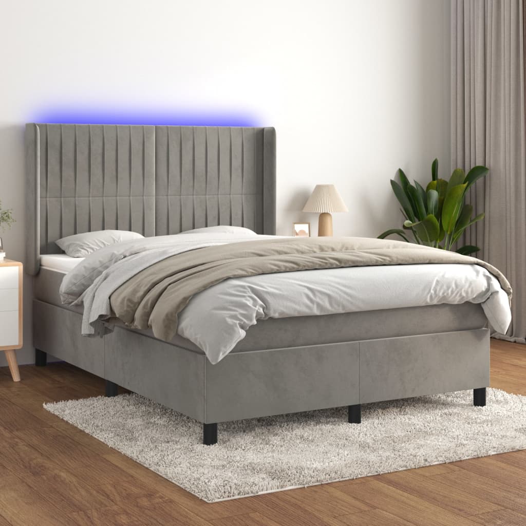 Boxspring met matras en LED fluweel lichtgrijs 140x200 cm – afbeelding 1