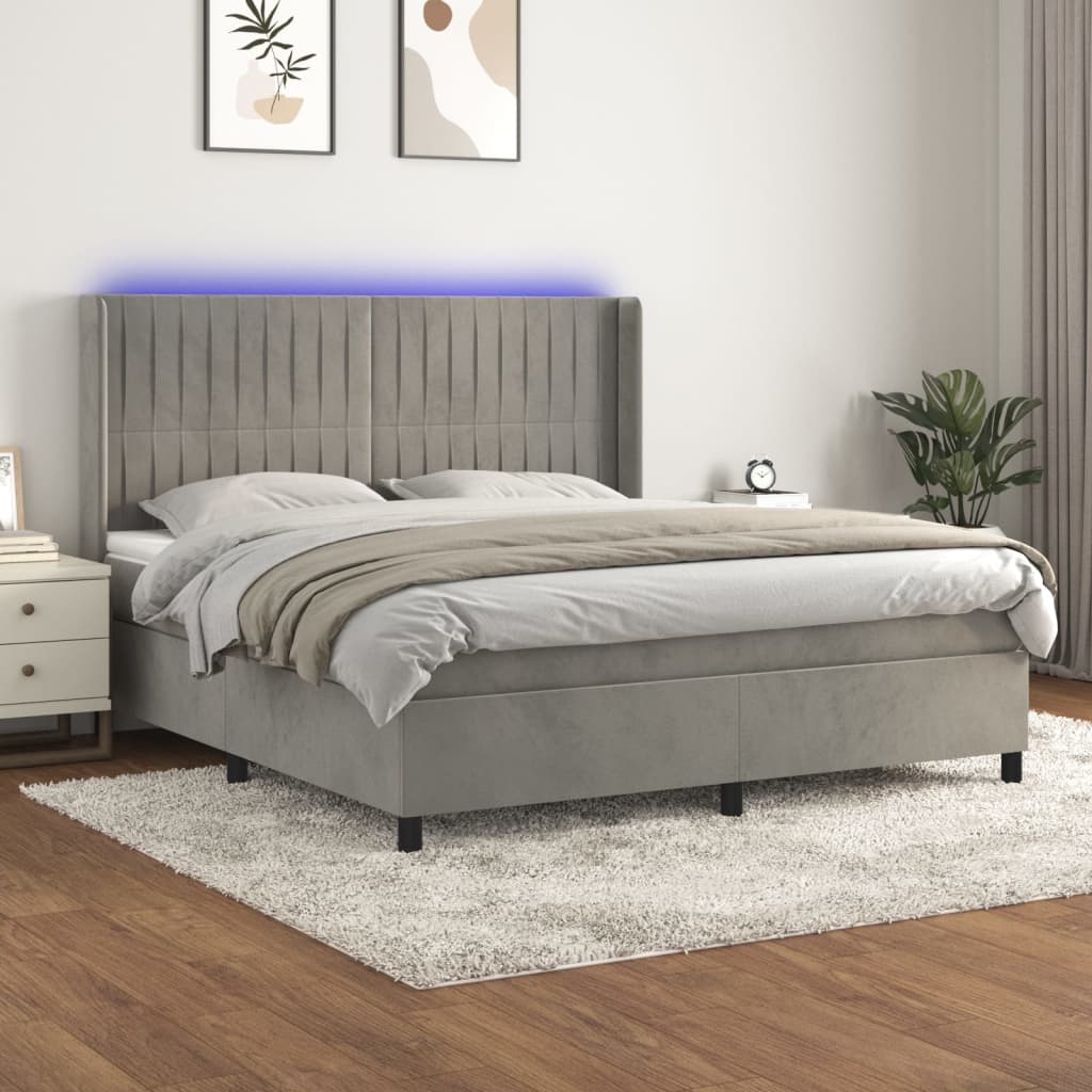 Boxspring met matras en LED fluweel lichtgrijs 180x200 cm – afbeelding 1