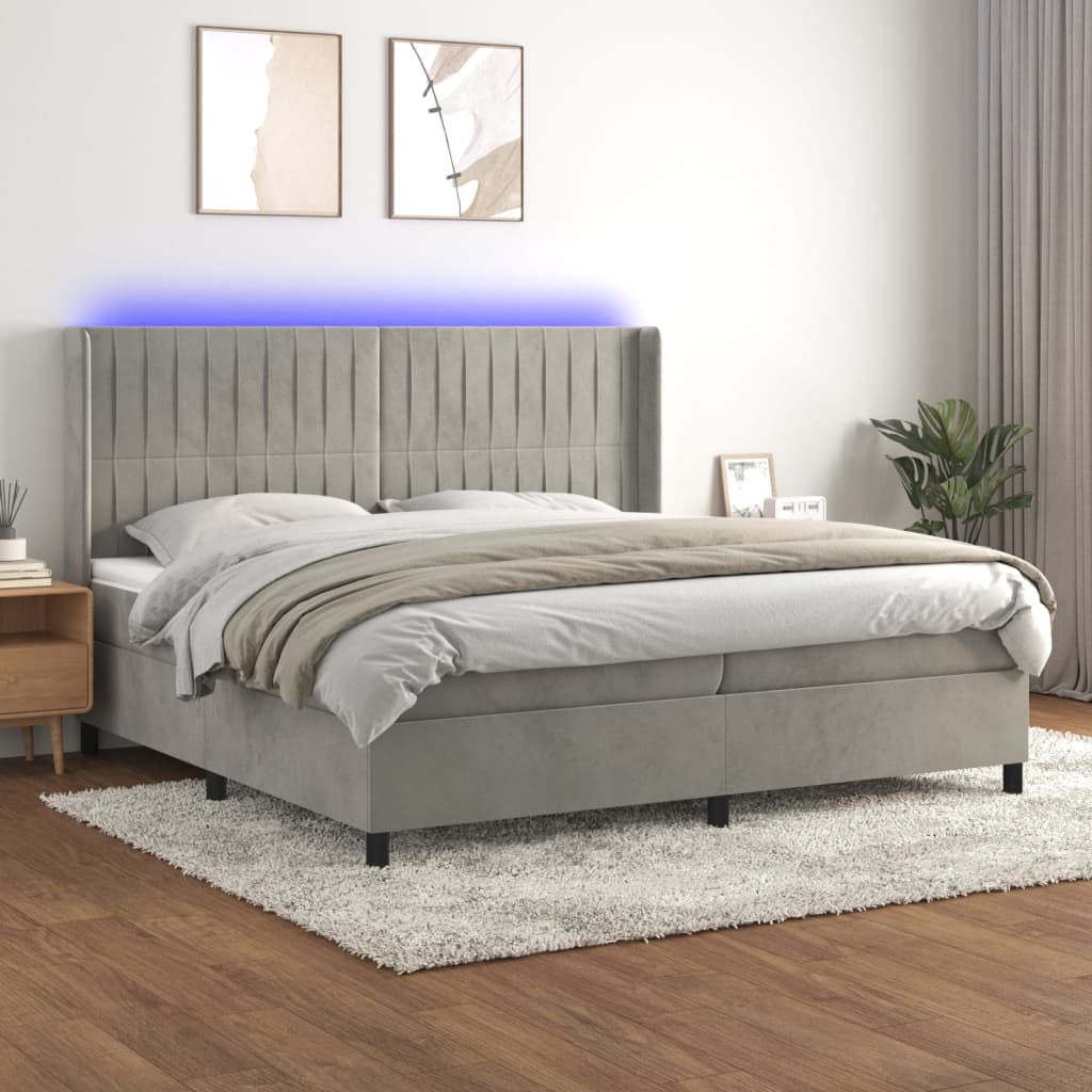 Boxspring met matras en LED fluweel lichtgrijs 200x200 cm – afbeelding 1