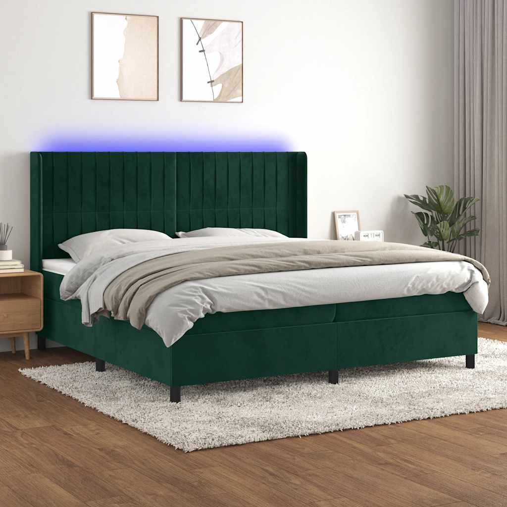 Boxspring met matras en LED fluweel donkergroen 200x200 cm – afbeelding 1
