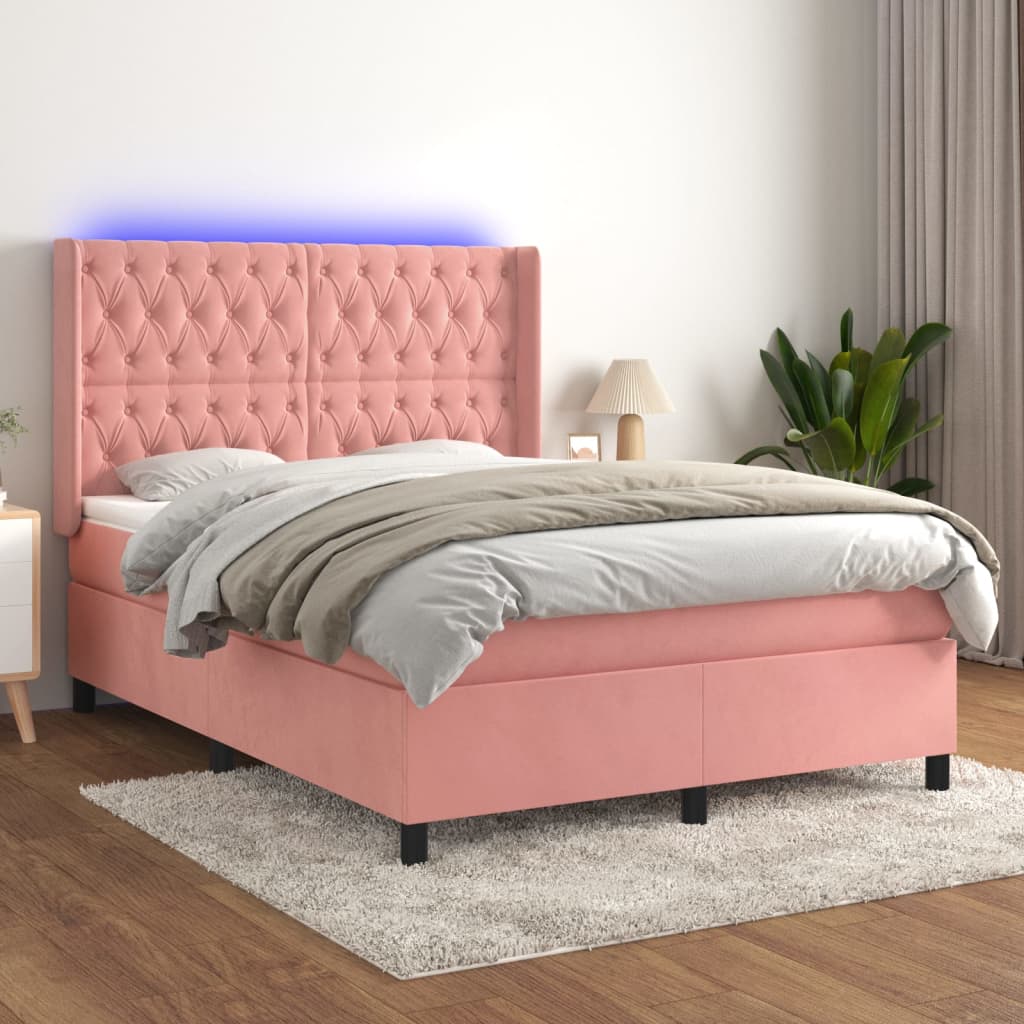 Boxspring met matras en LED fluweel roze 140x190 cm – afbeelding 1