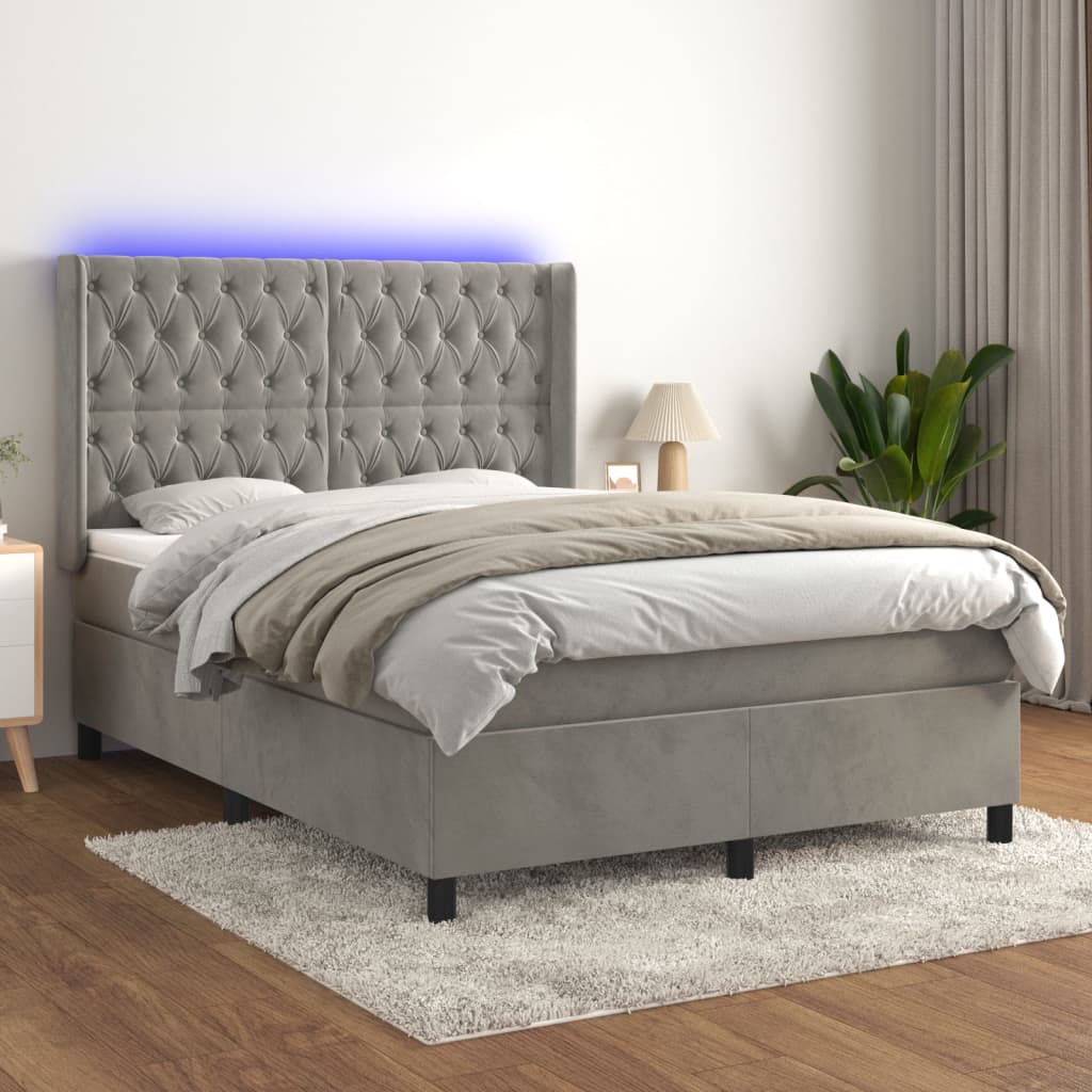 Boxspring met matras en LED fluweel lichtgrijs 140x200 cm – afbeelding 1