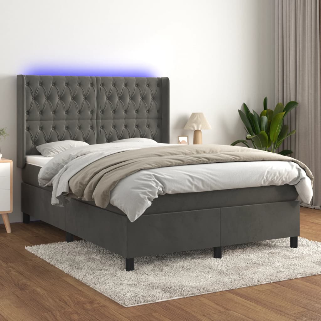Boxspring met matras en LED fluweel donkergrijs 140x200 cm – afbeelding 1