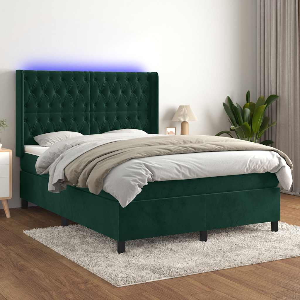 Boxspring met matras en LED fluweel donkergroen 140x200 cm – afbeelding 1