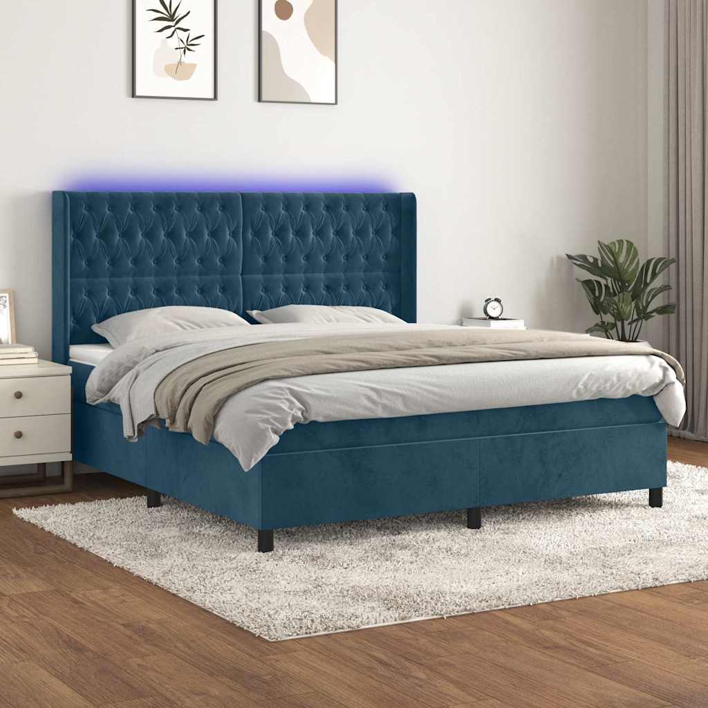 Boxspring met matras en LED fluweel donkerblauw 160x200 cm – afbeelding 1