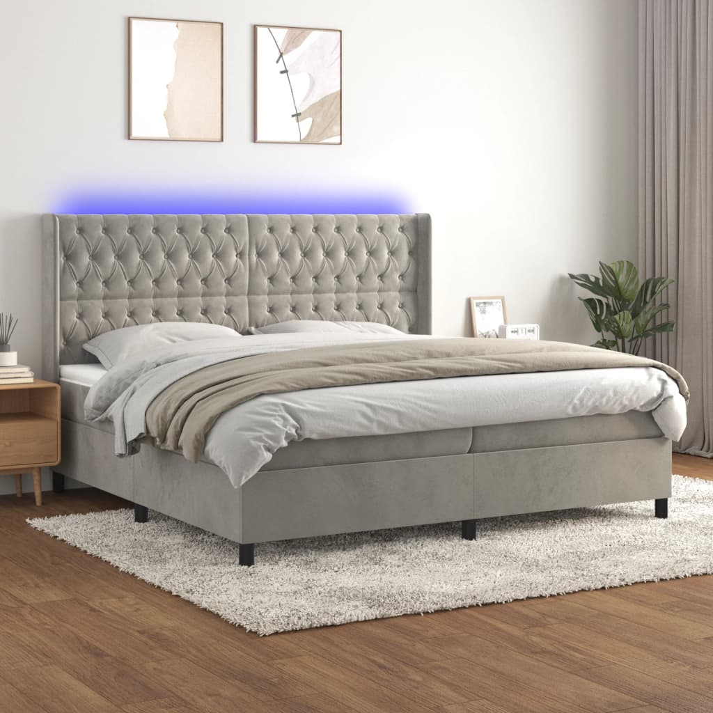 Boxspring met matras en LED fluweel lichtgrijs 200x200 cm – afbeelding 1
