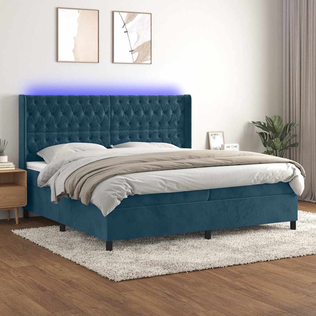 Boxspring met matras en LED fluweel donkerblauw 200x200 cm – afbeelding 1