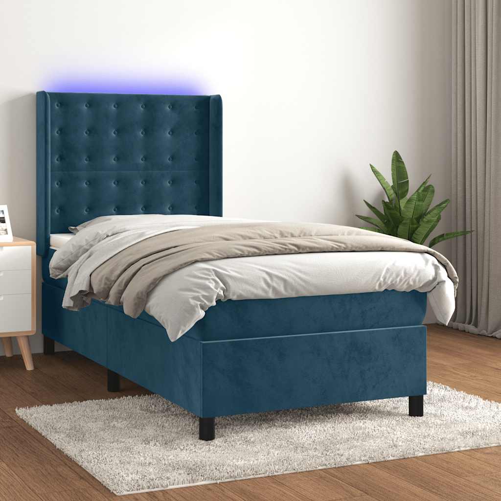 Boxspring met matras en LED fluweel donkerblauw 90x190 cm – afbeelding 1