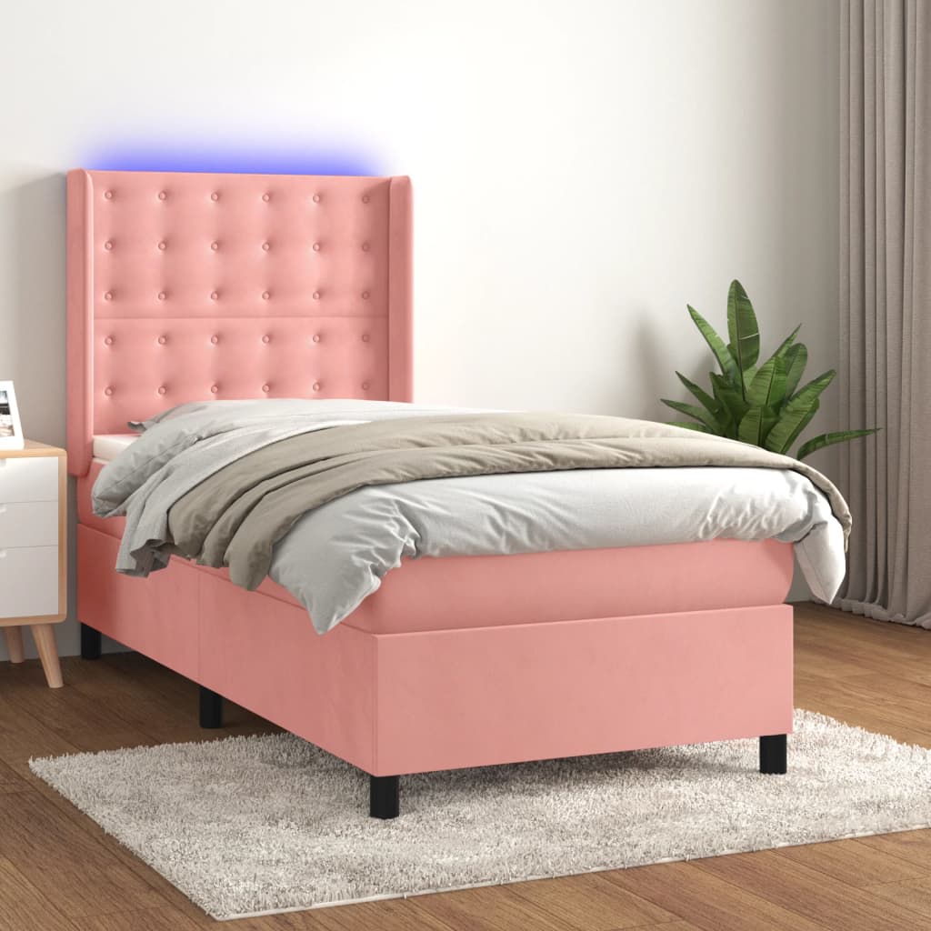 Boxspring met matras en LED fluweel roze 90x190 cm – afbeelding 1