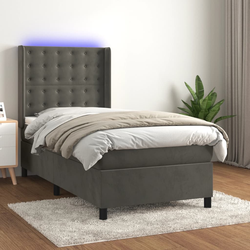 Boxspring met matras en LED fluweel donkergrijs 100x200 cm – afbeelding 1
