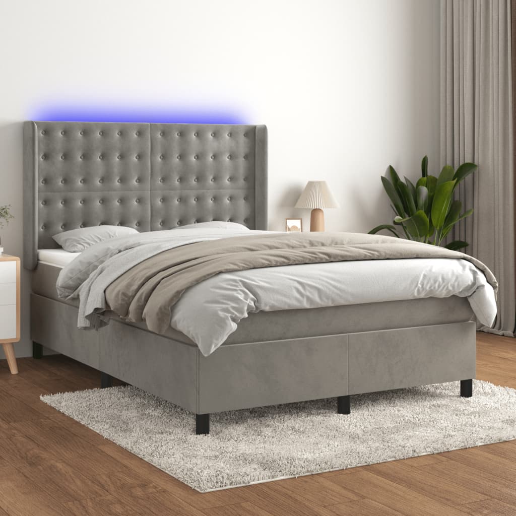 Boxspring met matras en LED fluweel lichtgrijs 140x190 cm – afbeelding 1