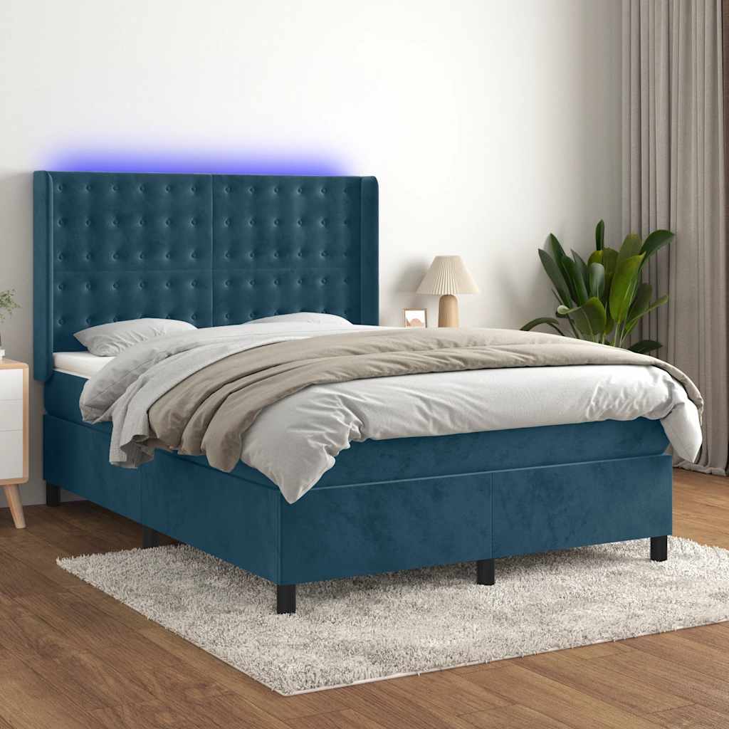 Boxspring met matras en LED fluweel donkerblauw 140x200 cm – afbeelding 1