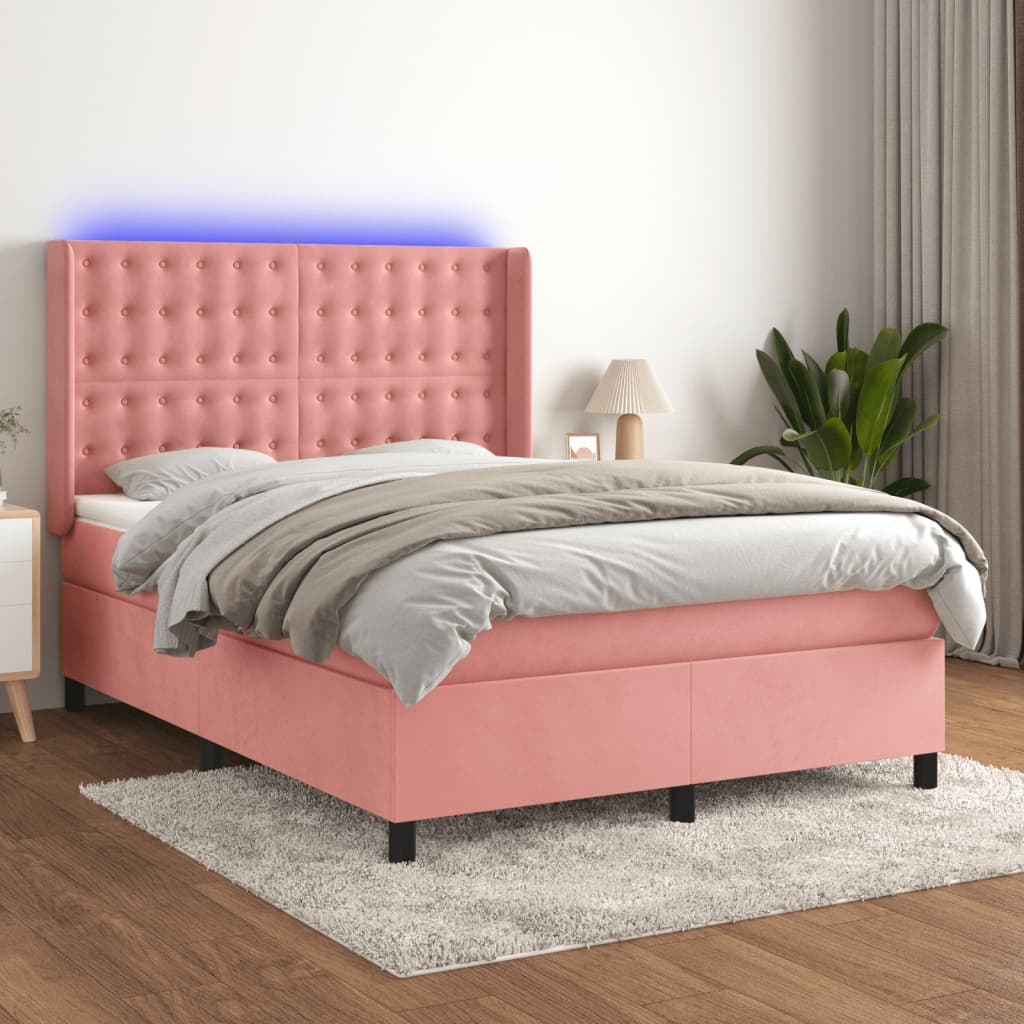 Boxspring met matras en LED fluweel roze 140x200 cm – afbeelding 1