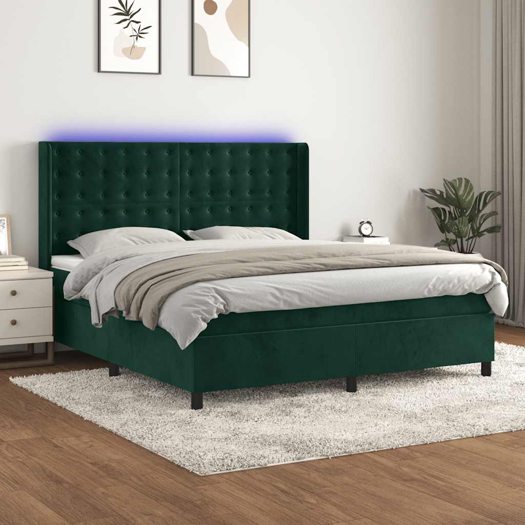 Boxspring met matras en LED fluweel donkergroen 160x200 cm – afbeelding 1