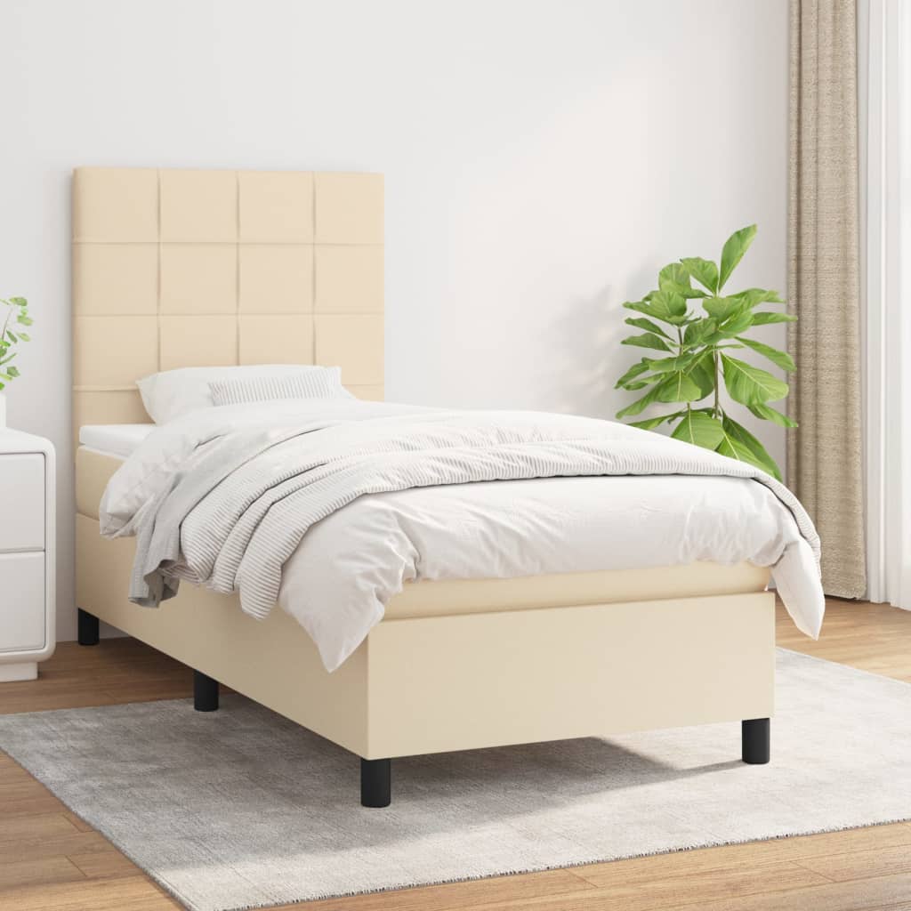 Boxspring met matras stof crèmekleurig 90x200 cm – afbeelding 1