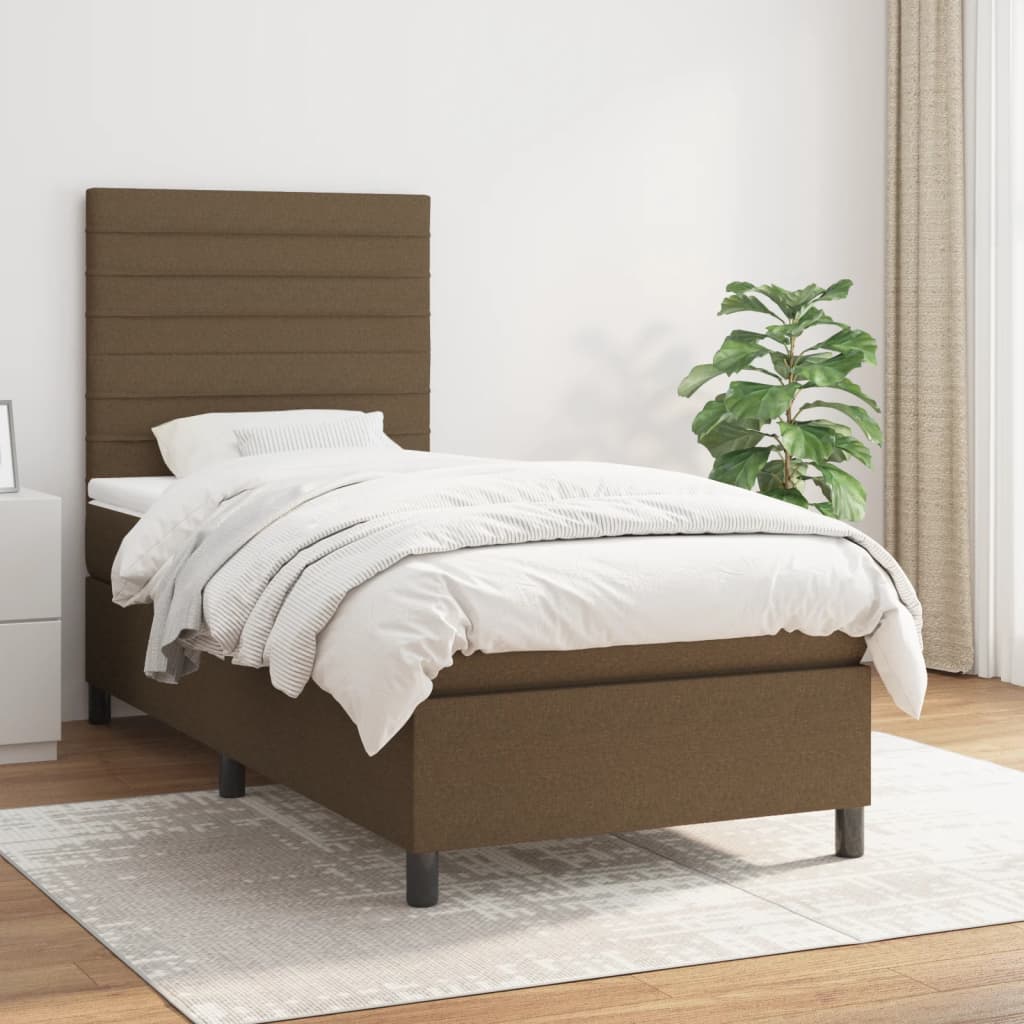 Boxspring met matras stof donkerbruin 90x190 cm – afbeelding 1