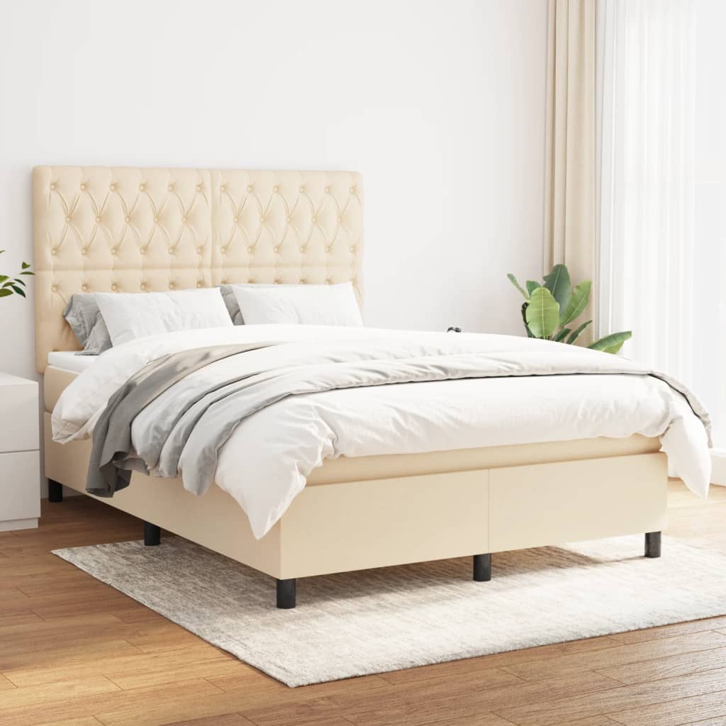 Boxspring met matras stof crèmekleurig 140x190 cm – afbeelding 1